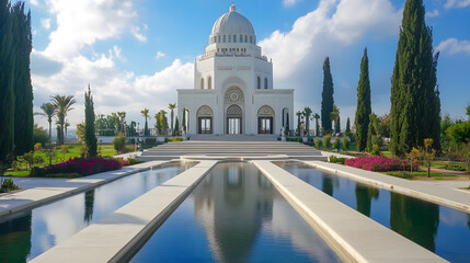 White Marvel Structure with Reflecting Pool and Garden : Generative AI