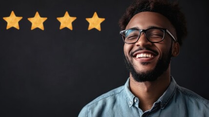 Obraz premium Man smiling with four stars above his head a symbol of customer feedback and rating
