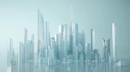 3D rendering of a digital cityscape with buildings and skyscrapers made from glass, set against a light blue background with a white color scheme