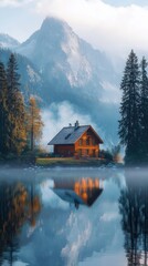 Fototapeta premium A serene wooden cabin reflects in a misty lake, surrounded by majestic mountains and evergreen trees under a tranquil sky.