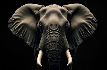 Obraz premium This artwork features a detailed closeup depiction of an elephants face, elegantly set against a deep black background that enhances its beauty