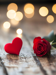 Fototapeta premium Red Rose and Heart on Rustic Wooden Surface with Bokeh Lights for Valentines Love : Generative AI