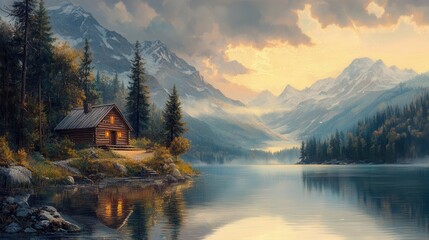 Fototapeta premium A serene landscape featuring a cozy cabin beside a tranquil lake, surrounded by lush mountains and a dramatic sky at sunset.