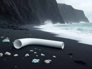 Surreal coastal scene with white pipe on black sand beach with waves and cliffs