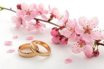 Delicate pink flowers and two golden wedding rings elegantly displayed on a white background
