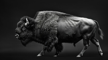 Powerful bison strides gracefully against a stark black background