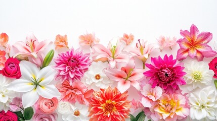 Vibrant pink, orange, and white flowers arranged in a horizontal border on a white background.