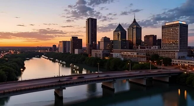 4K Aerial Hyperlapse of Austin Skyline at Sunset Featuring Congress Bridge