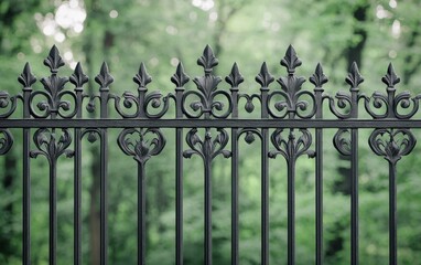 Elegant wrought iron fence design lush green forest architectural detail natural setting close-up view aesthetic appeal