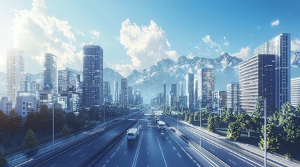 Obraz premium modern cityscape with a view from the road, ultra realistic 