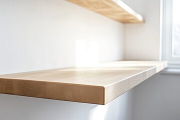 Fototapeta premium Close-up of an empty wooden kitchen table with white walls and shelves in the background, minimalistic interior design
