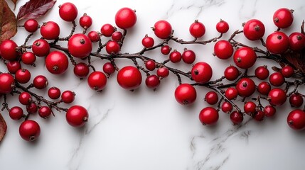 Red berries branch marble background autumn decor
