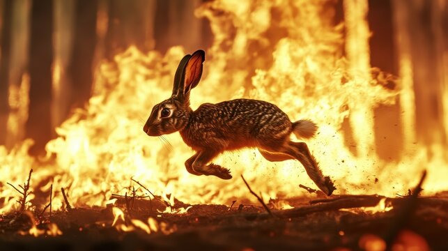 A rabbit leaps through flames in a dramatic forest fire scene.
