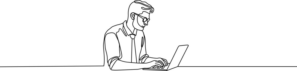 Man working on a laptop one continuous line drawing. Line art of an office worker . Human working on computer.Office worker or businessman sitting at workplace . Office Employee vector.