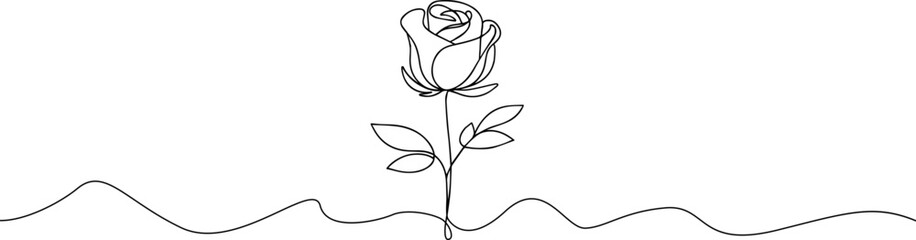 Rose one line drawing. Abstract flower continuous line. Minimalist contour drawing of rose . Continuous line drawing of flower rose . Hand drawn sketch of flower with leaves.