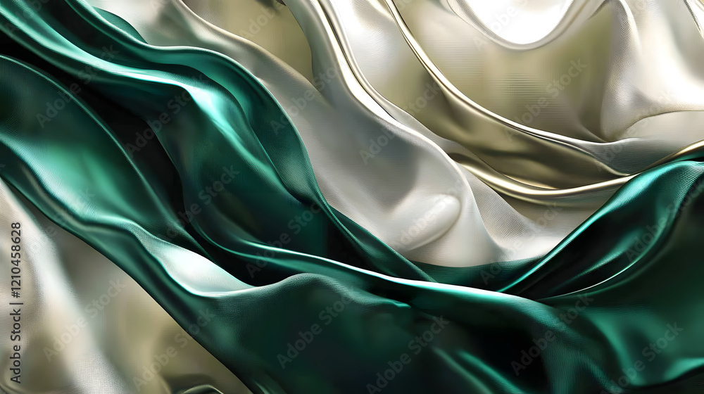 Poster An abstract background featuring radiant wave patterns in champagne gold, deep emerald green, and soft cream, creating a dynamic and high-end visual 
