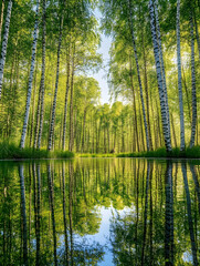 Obraz premium Serene Birch Forest Reflecting in Tranquil Water with Sunlit Greenery : Generative AI