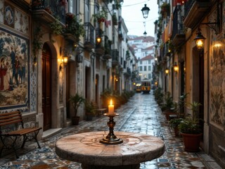 Obraz premium Candlelit evening scene in charming old town alley with cobblestones and lanterns