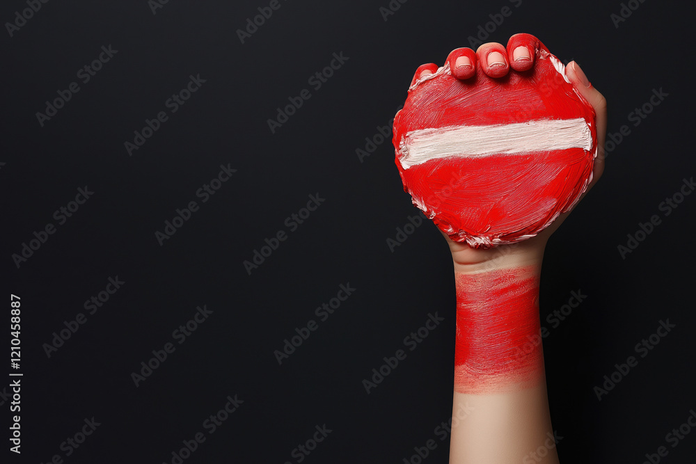 Poster red painted hand holds a round object with a white stripe against a dark background