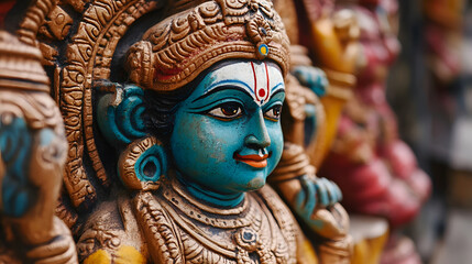 Obraz premium Exquisite Indian Temple Sculpture with Intricate Carving and Rich Colors : Generative AI