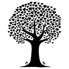 Heart-Shaped Love Tree Silhouette on White Background.Tree Silhouette Art Illustration with White Background.Love tree with heart leaves, Valentine tree, love, leaf from hearts.