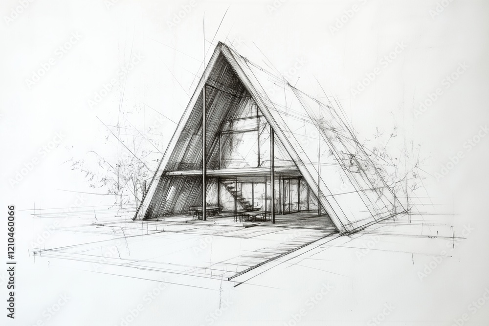 Poster a detailed architectural sketch of a modern a-frame house, showcasing its triangular structure, larg