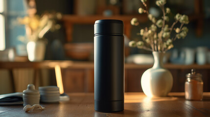 black   tea thermos  set on table and white vase next to it   isolated on beautiful   background