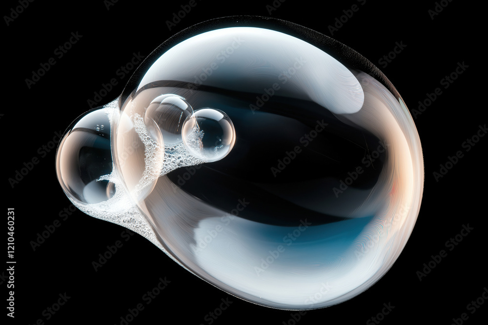 Poster colorful soap bubbles floating against a black background create a mesmerizing display