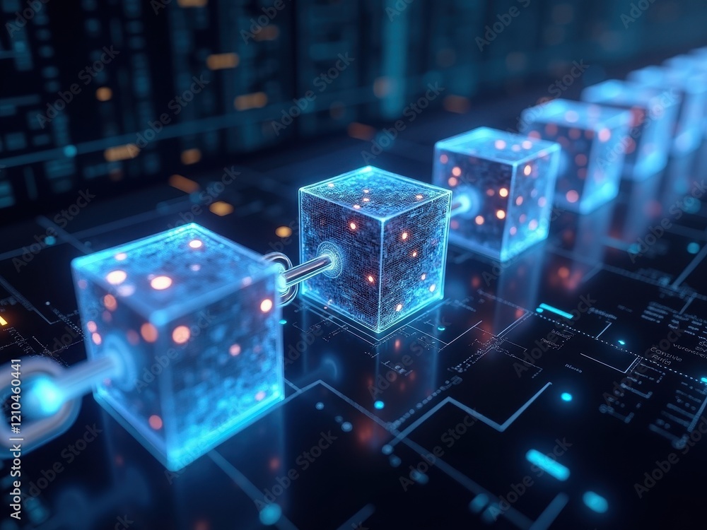 Poster innovative blockchain technology showcased through glowing interconnected cubes on a digital interfa