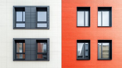 Fototapeta premium Modern apartment building facade with contrasting white and orange brick walls, windows, and black frames