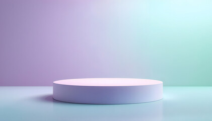 a clean minimal product display podium, perfect for showcasing products. The stage is a light pastel colour and stands on a gradient background