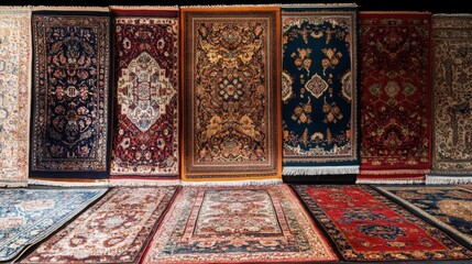 A market stall displaying vibrant prayer rugs with intricate designs and patterns