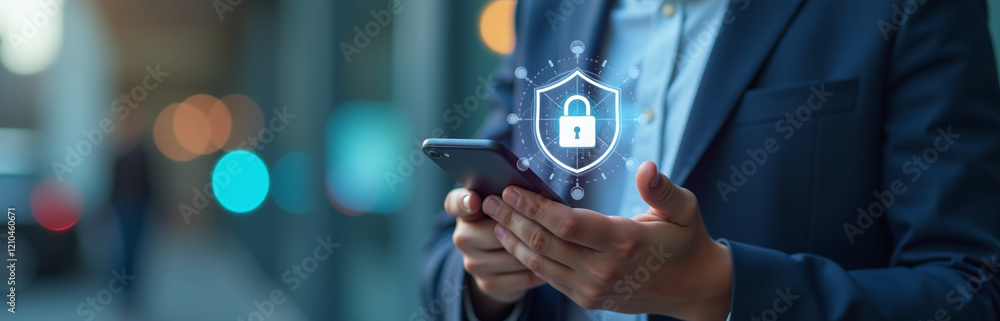 Poster a person uses their smartphone with a digital shield and lock icon, symbolizing mobile data protecti