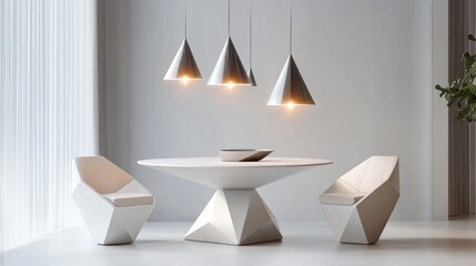 Modern minimalist dining area featuring geometric white furniture and cone pendant lights