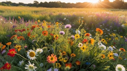 Vibrant wildflower meadow bathed in golden sunlight, showcasing a colorful array of blossoms during sunset
