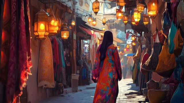 A woman wearing a vibrant abaya walking through an alleyway lined with lanterns and colorful textiles