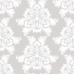 Abstract subtle background with curly shapes, swirls, floral elements. Luxury damask seamless pattern. Gray and white ornament texture in baroque, rococo, revival style. Repeating vector design