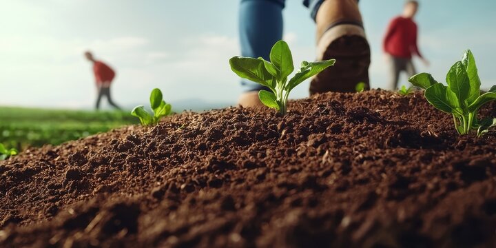 Farmers implementing regenerative agriculture techniques in afternoon light soil restoration efforts nature low angle view