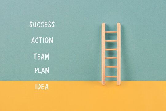 Ladder of success, have an idea, make a plan, build a team, action, teamwork, strategy and developement of goal, growth business concept, innovation and progress