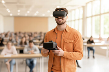 Student engages in educational virtual reality experience in modern classroom setting