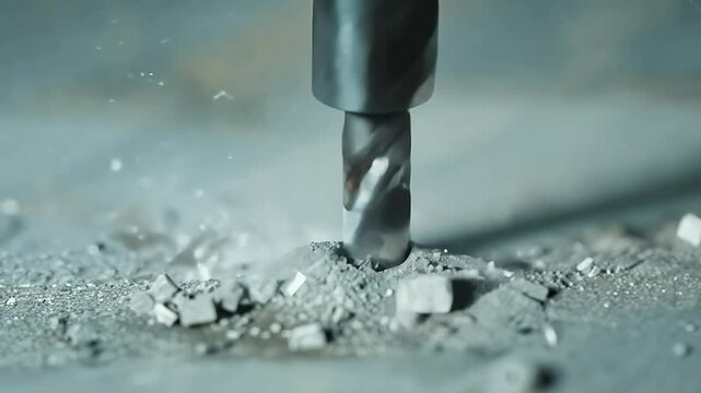 close up high speed video of a powerful drill bit grinding into solid concrete sending debris flying as it cuts through the surface with precision and force