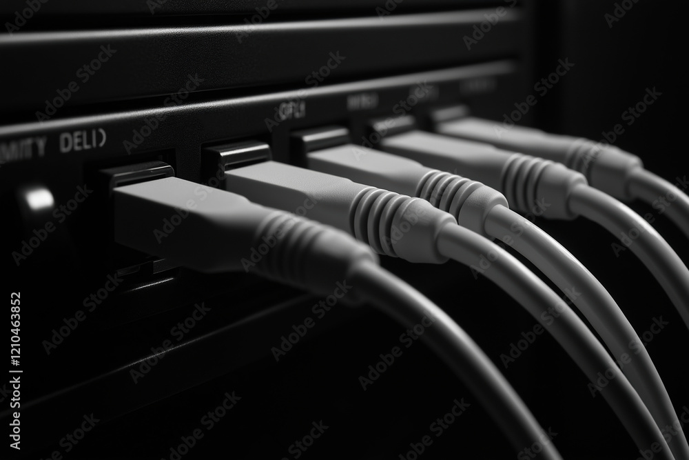 Poster close-up of multiple usb cables connected to a device in a dark environment