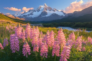 Naklejka premium Summer meadow filled with blooming lupine flowers under a blue sky