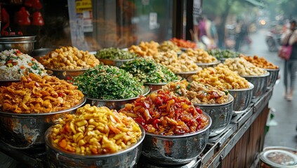 Obraz premium A vibrant street food stall in Asia teems with tantalizing dishes, reflecting the region's diverse culinary traditions