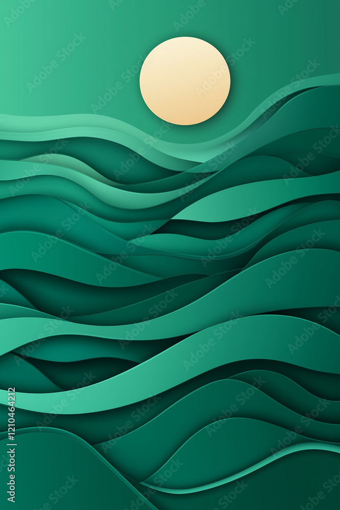 Poster green background with smooth waves and fluid lines, minimalist vector illustration in flat design st