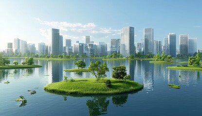 Obraz premium 3D rendering of a green city with modern buildings and a lake in daylight, against a light blue sky and a white background