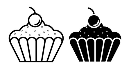 Cup Cake Icons vectors. black solid and liner versions