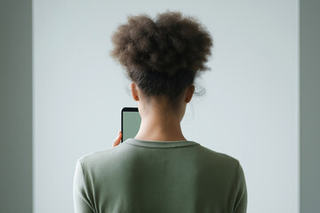 Obraz premium Woman with curly hair holds smartphone in front of plain white wall