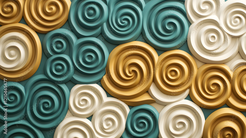 Poster an abstract pattern with cascading spirals in metallic gold, muted teal, and soft white, forming a s
