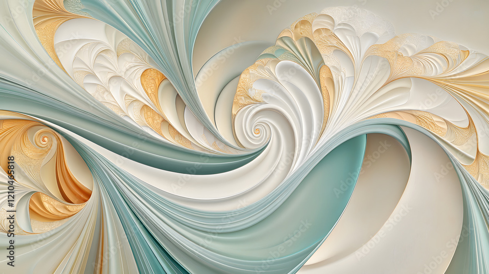 Poster an abstract pattern with cascading spirals in metallic gold, muted teal, and soft white, forming a s